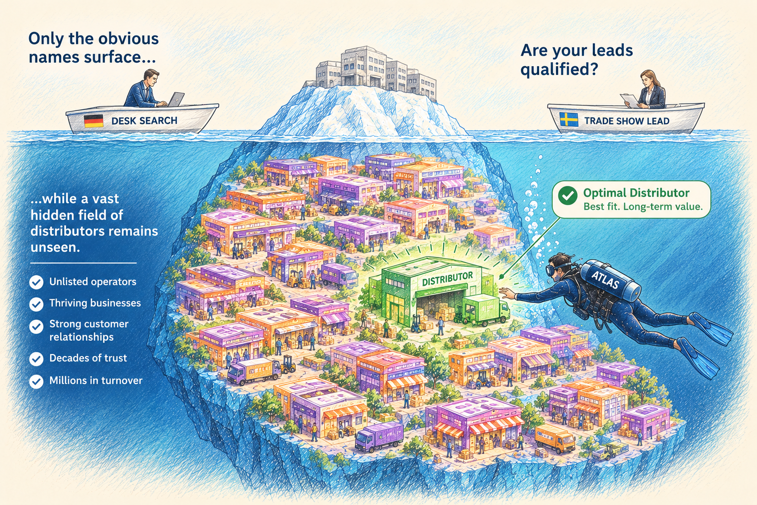 Iceberg illustration of the hidden distributor network in Asia